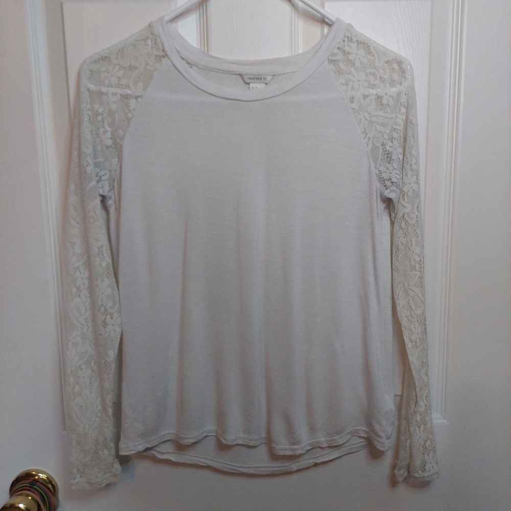 Forever 21 White Mixed Media Lace Long Sleeve Shirt Lightweight Top Size S